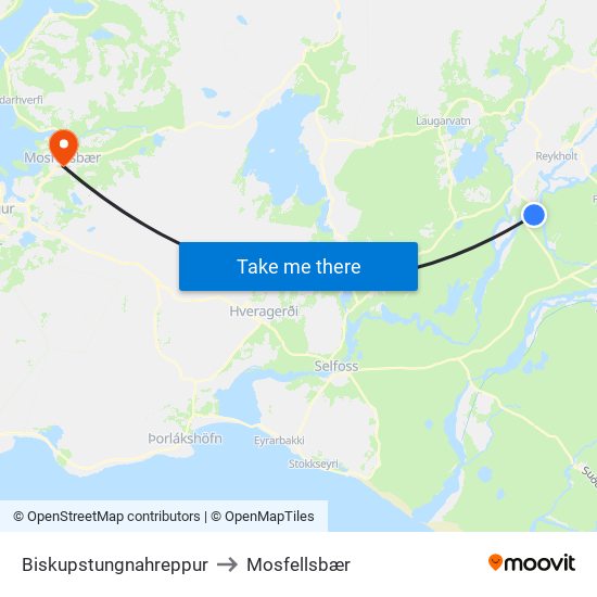 Biskupstungnahreppur to Mosfellsbær map