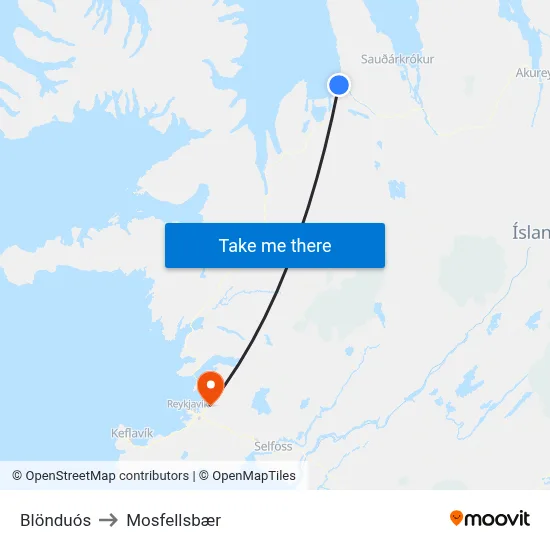 Blönduós to Mosfellsbær map