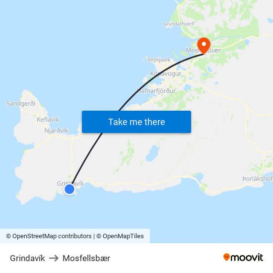 Grindavík to Mosfellsbær map