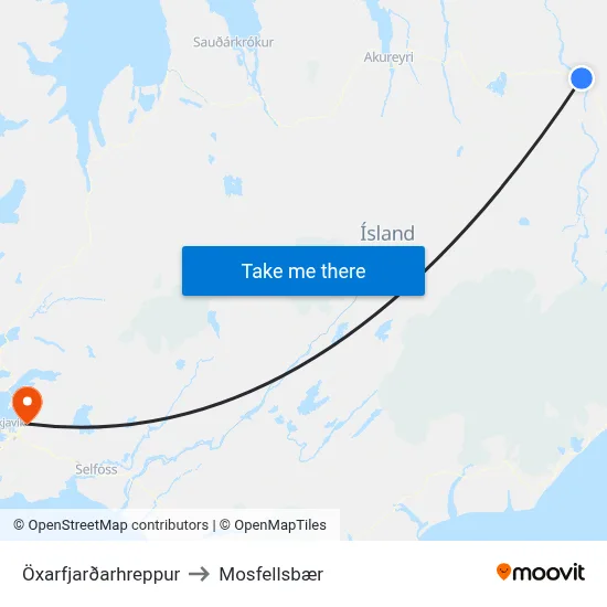 Öxarfjarðarhreppur to Mosfellsbær map