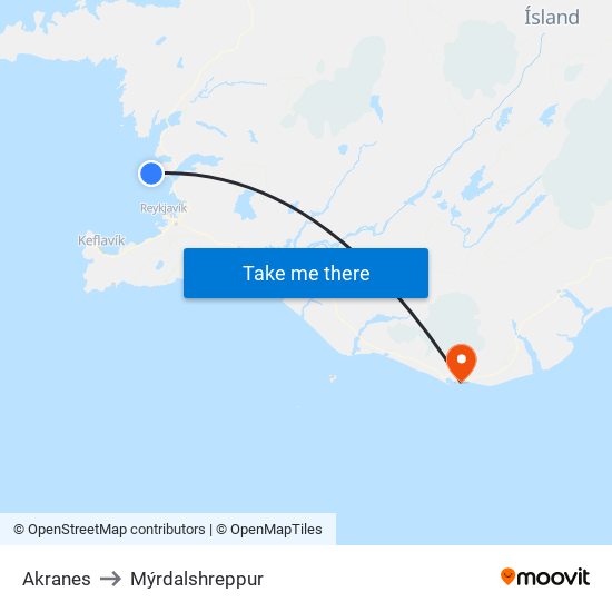 Akranes to Mýrdalshreppur map