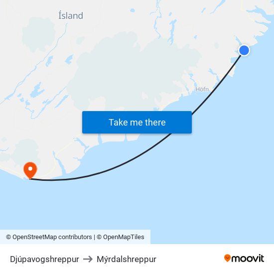 Djúpavogshreppur to Mýrdalshreppur map