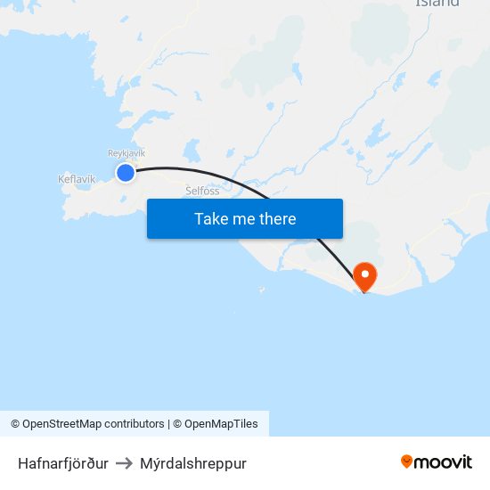 Hafnarfjörður to Mýrdalshreppur map