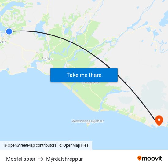 Mosfellsbær to Mýrdalshreppur map