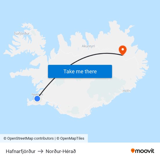 Hafnarfjörður to Norður-Hérað map