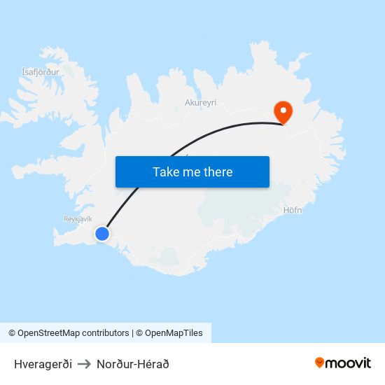 Hveragerði to Norður-Hérað map