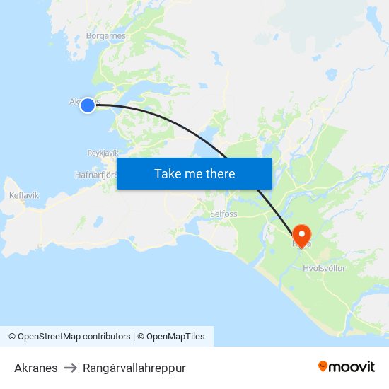 Akranes to Rangárvallahreppur map