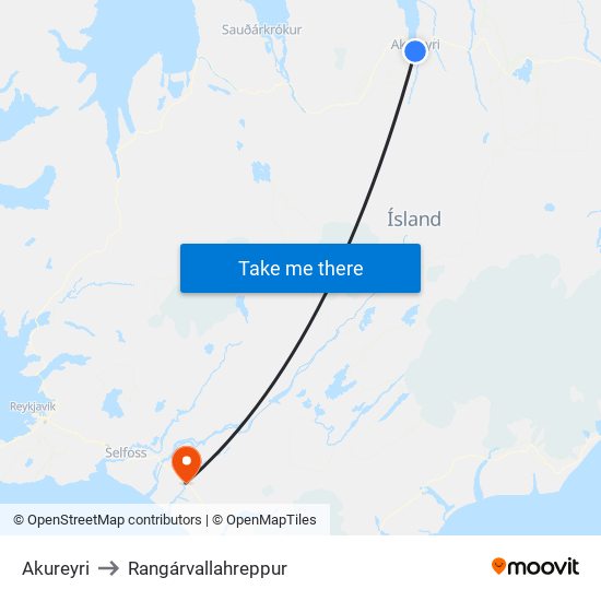 Akureyri to Rangárvallahreppur map