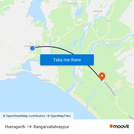 Hveragerði to Rangárvallahreppur map