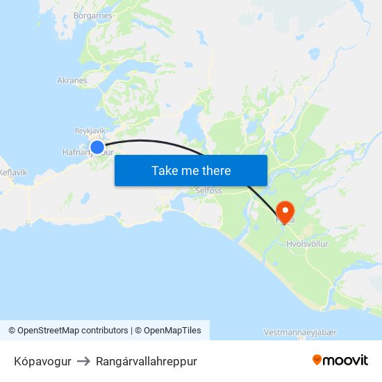 Kópavogur to Rangárvallahreppur map