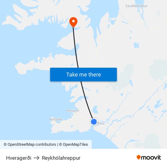 Hveragerði to Reykhólahreppur map