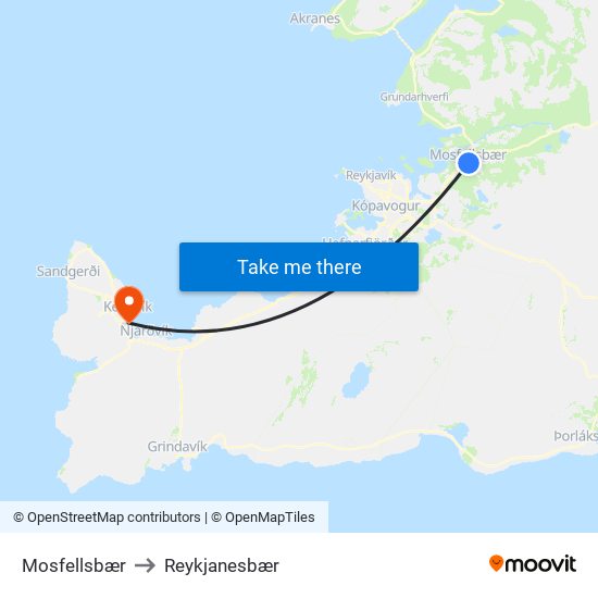 Mosfellsbær to Reykjanesbær map