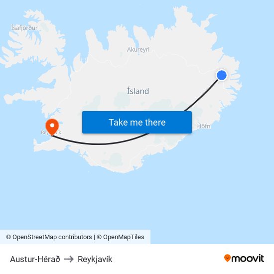 Austur-Hérað to Reykjavík map