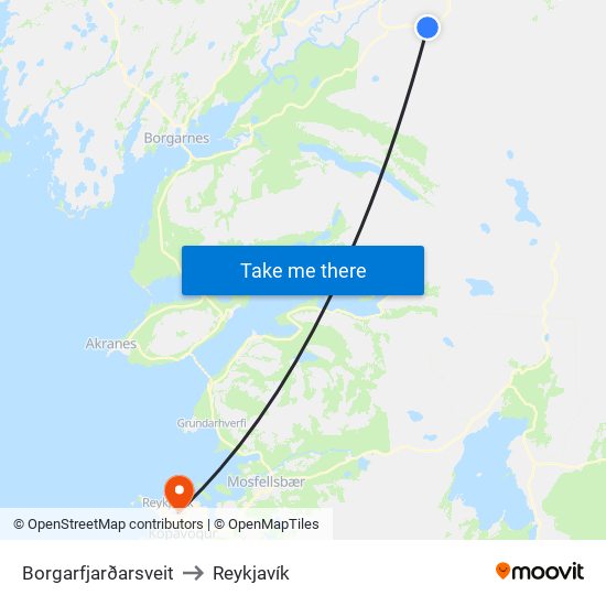 Borgarfjarðarsveit to Reykjavík map