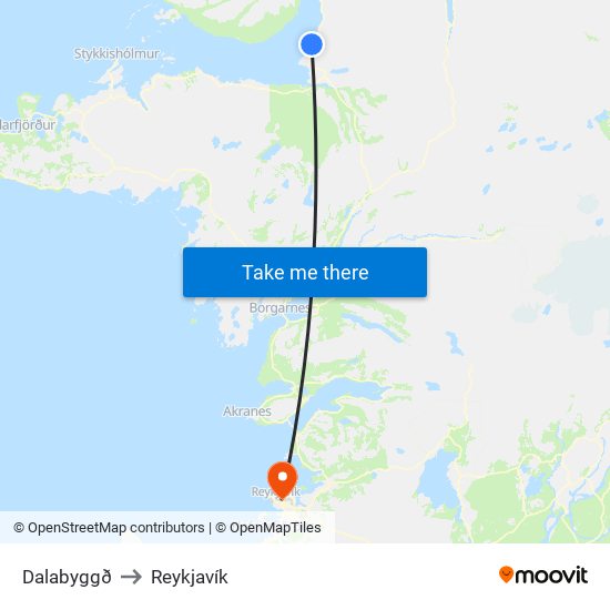 Dalabyggð to Reykjavík map