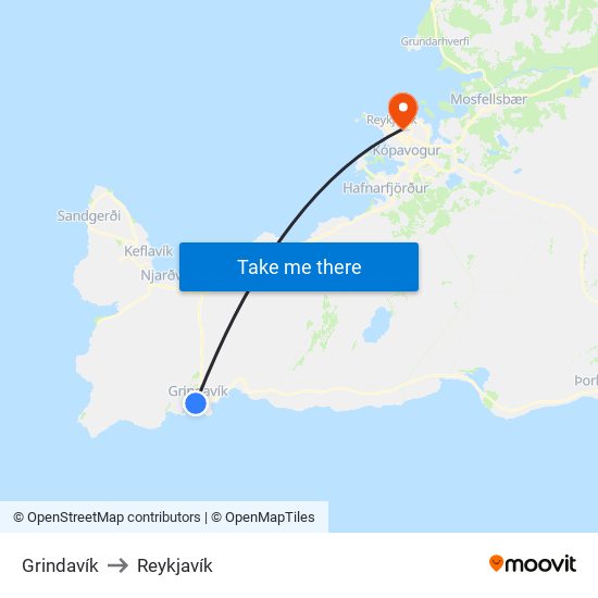 Grindavík to Reykjavík map