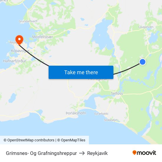 Grímsnes- Og Grafningshreppur to Reykjavík map