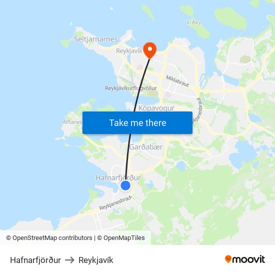 Hafnarfjörður to Reykjavík map