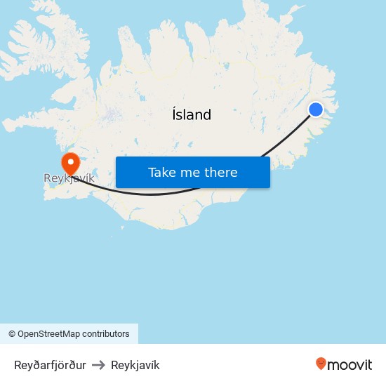 Reyðarfjörður to Reykjavík map