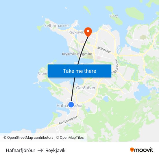 Hafnarfjörður to Reykjavík map