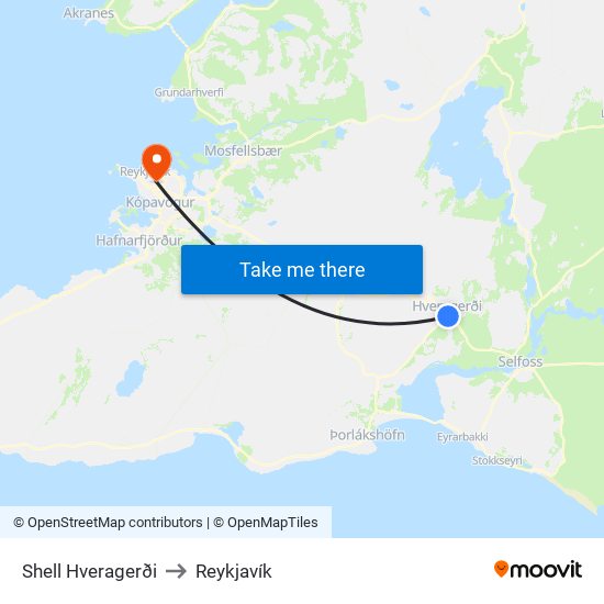 Shell Hveragerði to Reykjavík map