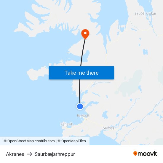 Akranes to Saurbæjarhreppur map