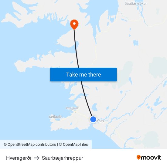 Hveragerði to Saurbæjarhreppur map