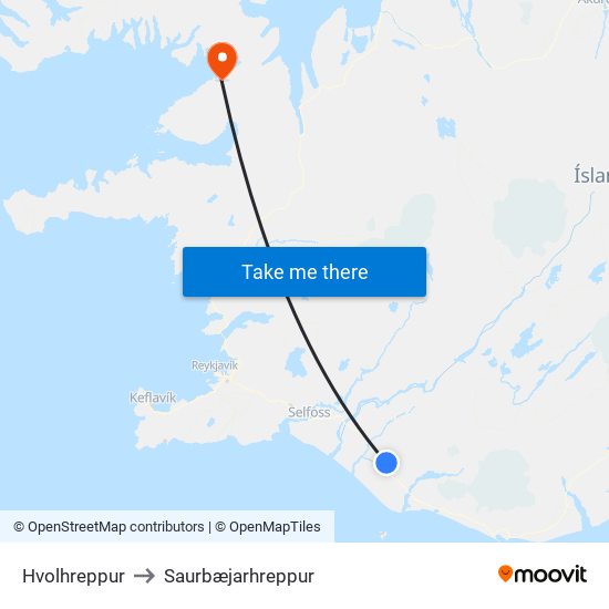 Hvolhreppur to Saurbæjarhreppur map