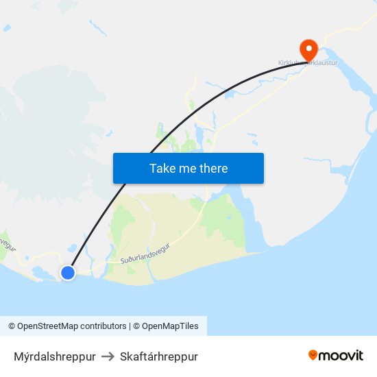 Mýrdalshreppur to Skaftárhreppur map