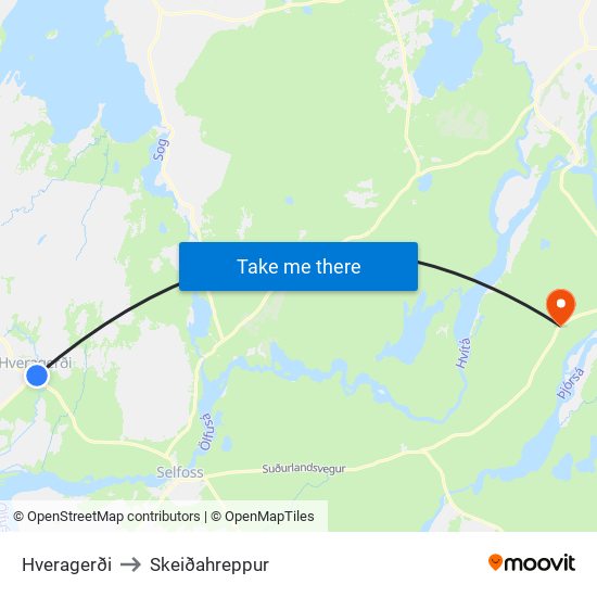 Hveragerði to Skeiðahreppur map