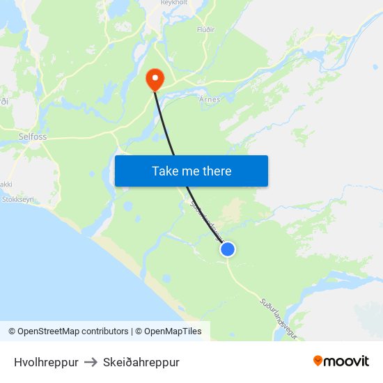 Hvolhreppur to Skeiðahreppur map