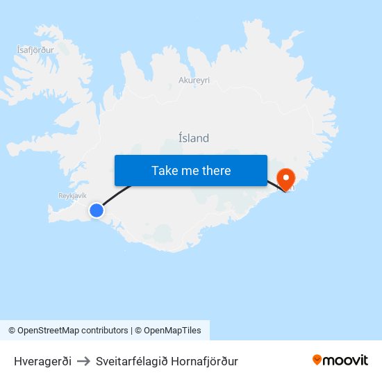 Hveragerði to Sveitarfélagið Hornafjörður map