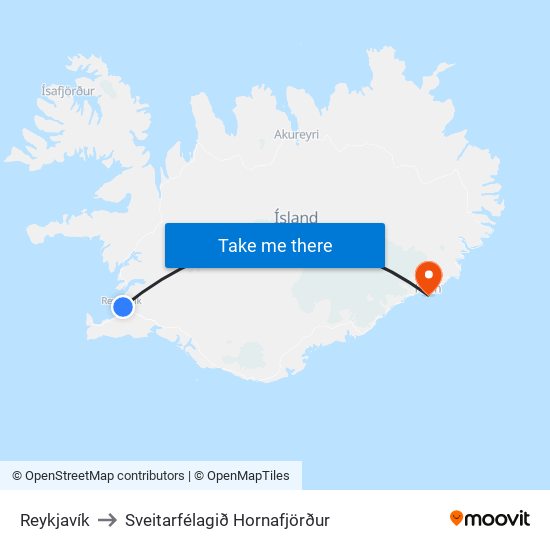 Reykjavík to Sveitarfélagið Hornafjörður map