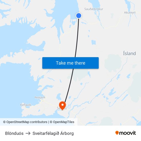 Blönduós to Sveitarfélagið Árborg map