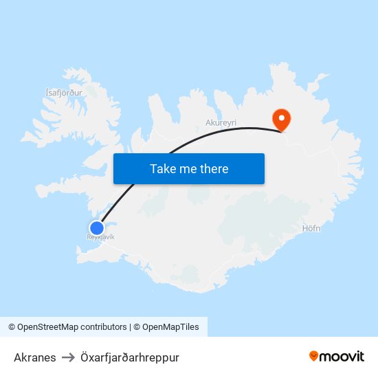 Akranes to Öxarfjarðarhreppur map