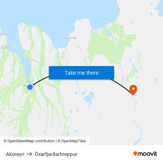 Akureyri to Öxarfjarðarhreppur map