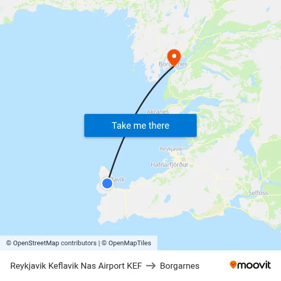 Reykjavik Keflavik Nas Airport KEF to Borgarnes map