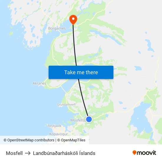 Mosfell to Landbúnaðarháskóli Íslands map