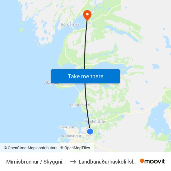 Mímisbrunnur / Skyggnistorg to Landbúnaðarháskóli Íslands map