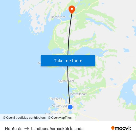 Norðurás to Landbúnaðarháskóli Íslands map