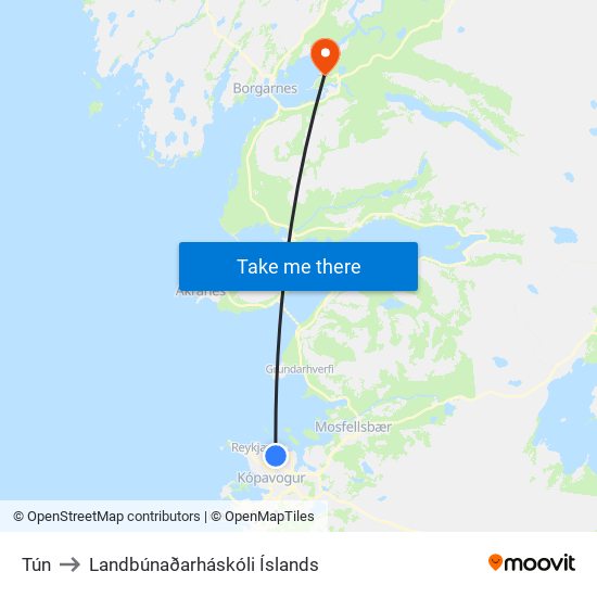 Tún to Landbúnaðarháskóli Íslands map