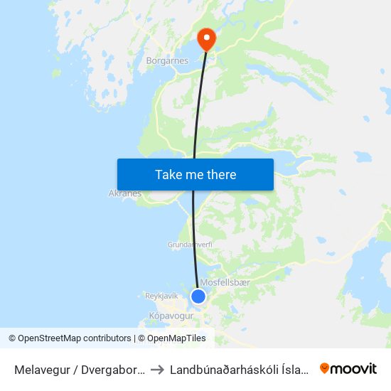Melavegur / Dvergaborgir to Landbúnaðarháskóli Íslands map