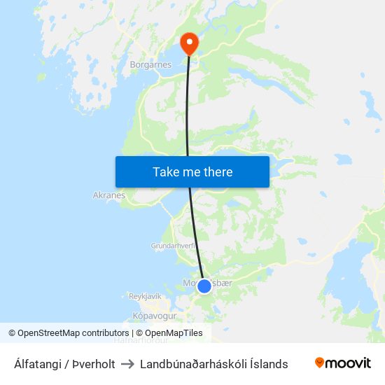 Álfatangi / Þverholt to Landbúnaðarháskóli Íslands map