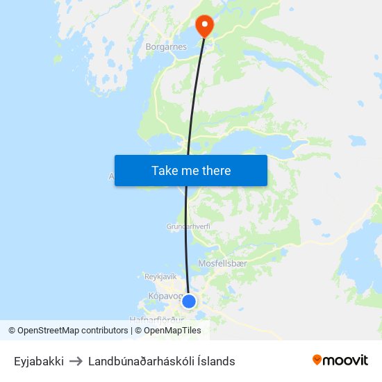 Eyjabakki to Landbúnaðarháskóli Íslands map