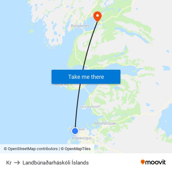 Kr to Landbúnaðarháskóli Íslands map