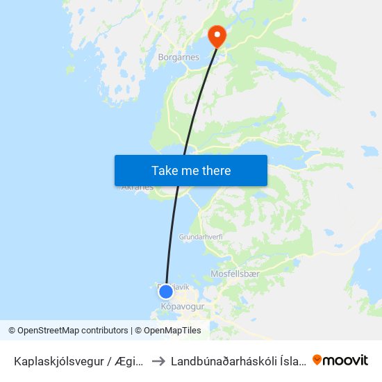 Kaplaskjólsvegur / Ægisíða to Landbúnaðarháskóli Íslands map