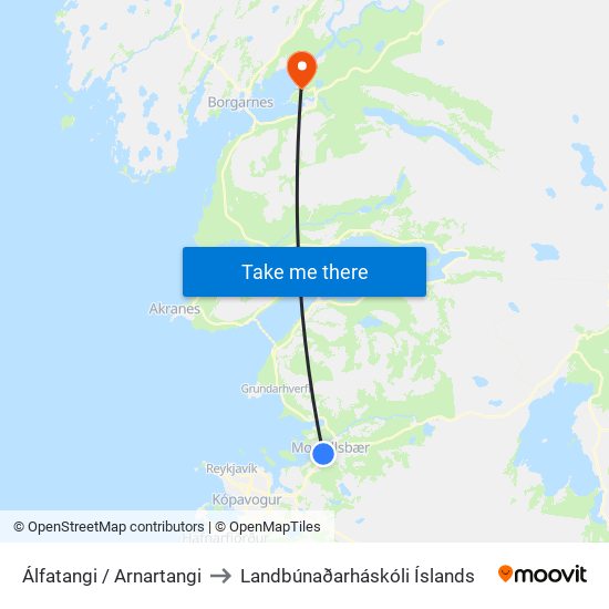 Álfatangi / Arnartangi to Landbúnaðarháskóli Íslands map