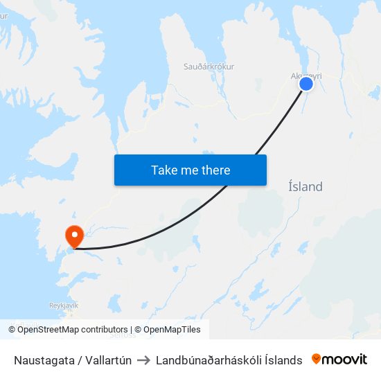 Naustagata / Vallartún to Landbúnaðarháskóli Íslands map