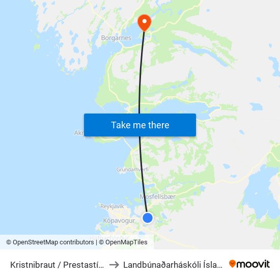 Kristnibraut / Prestastígur to Landbúnaðarháskóli Íslands map