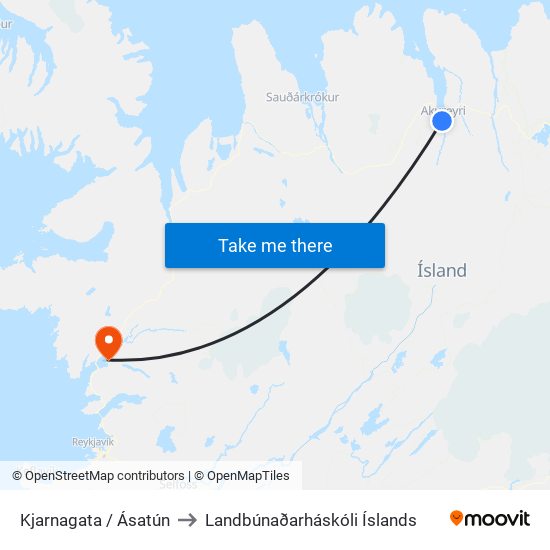 Kjarnagata / Ásatún to Landbúnaðarháskóli Íslands map